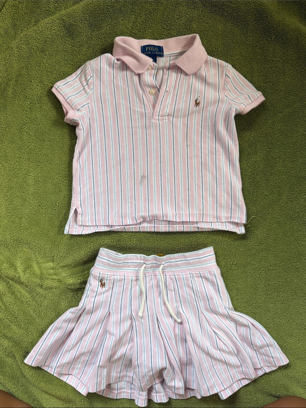 Ralph Lauren Girls Pink & White Striped Polo Top with Matching Skirt